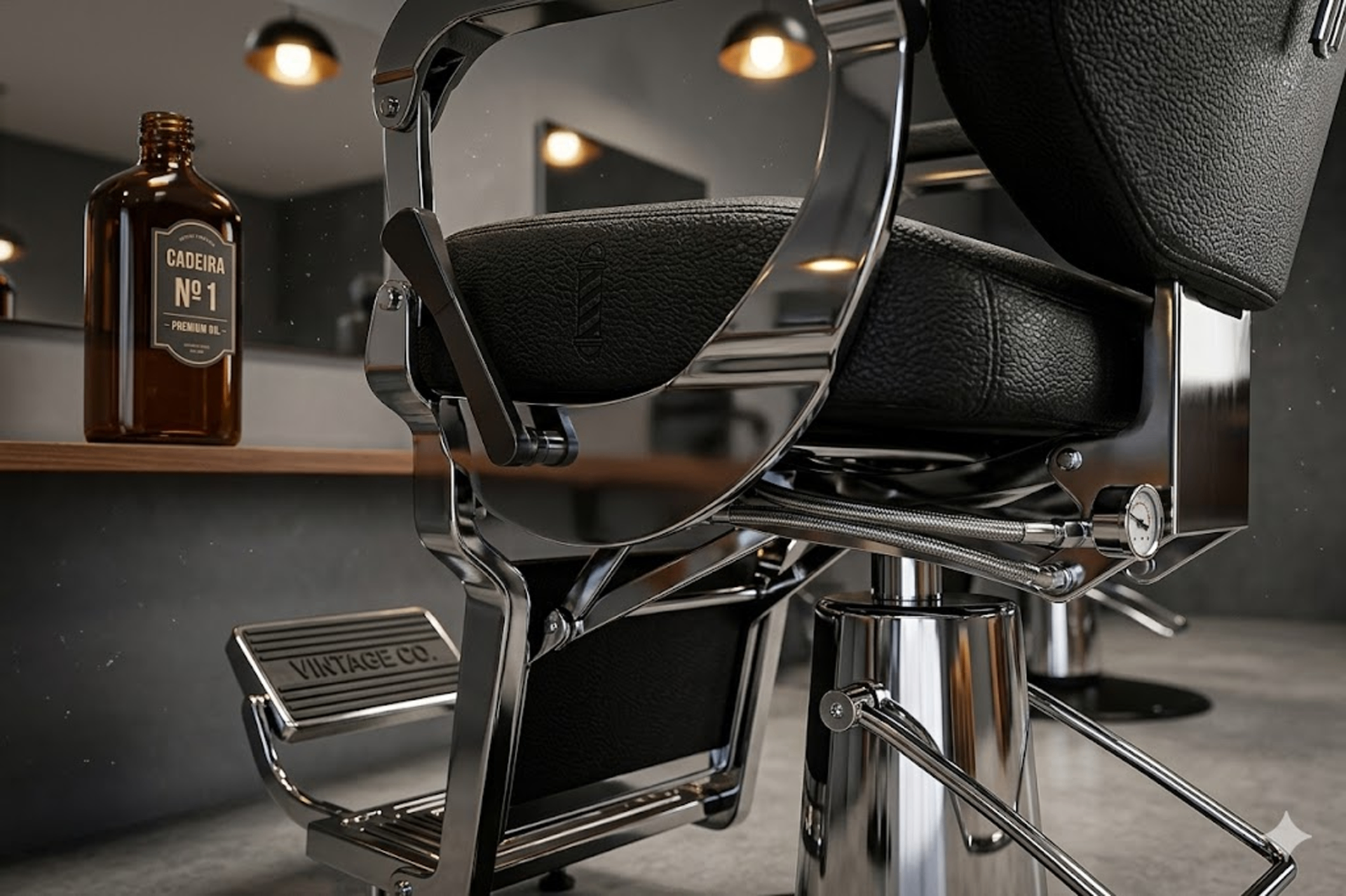 Cadeira de barbearia premium em aço cromado e couro preto
